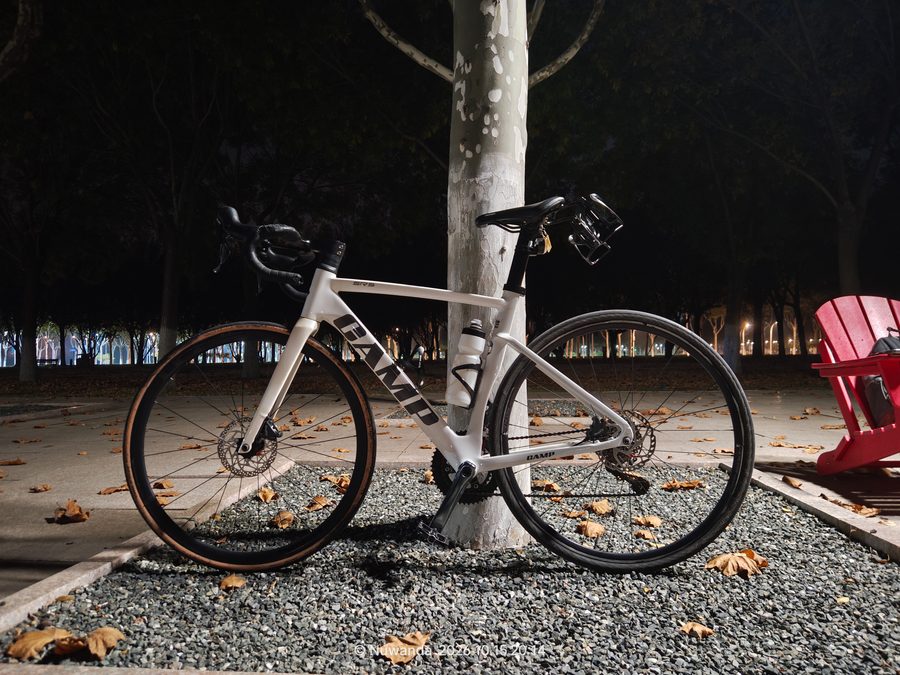 夜里停在梧桐树旁的白色公路自行车，地面散落着梧桐落叶